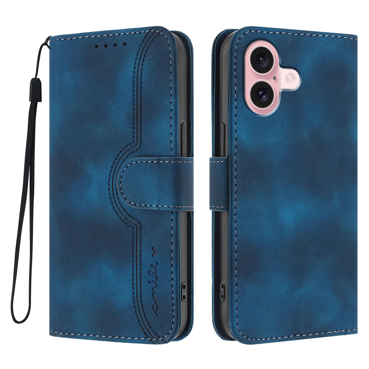 

For iPhone 16 Leather Case Wallet Stand Smile Imprinted Phone Cover with Strap D