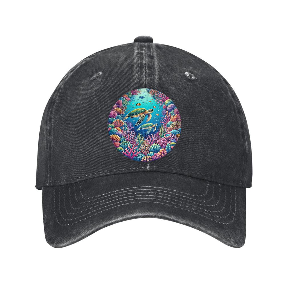 Sea Turtle Coral Reef Print Cotton Baseball Cap Adjustable Curved Brim Casual Sun Protection Hat