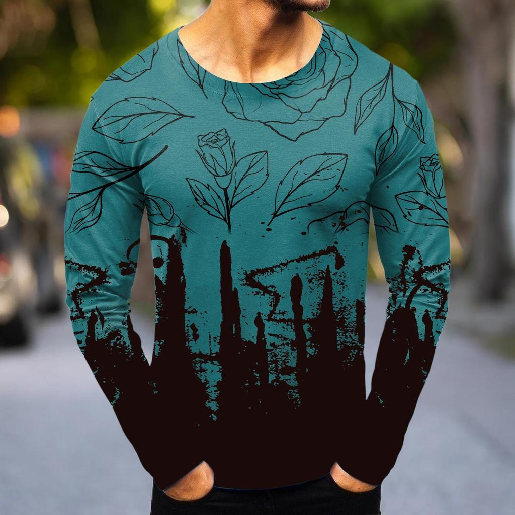 Men's Fashion Casual Printed Long Sleeve O-Neck Shirts Tops Blouse