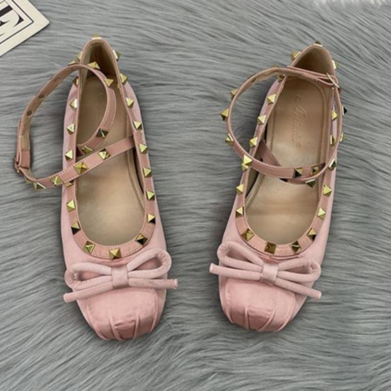 Fashion Spring Fashion Flat Satin Round Head Shallow Mouth Butterfly Knot Rivet Line with Soft Sole Non-slip Wear Shoes