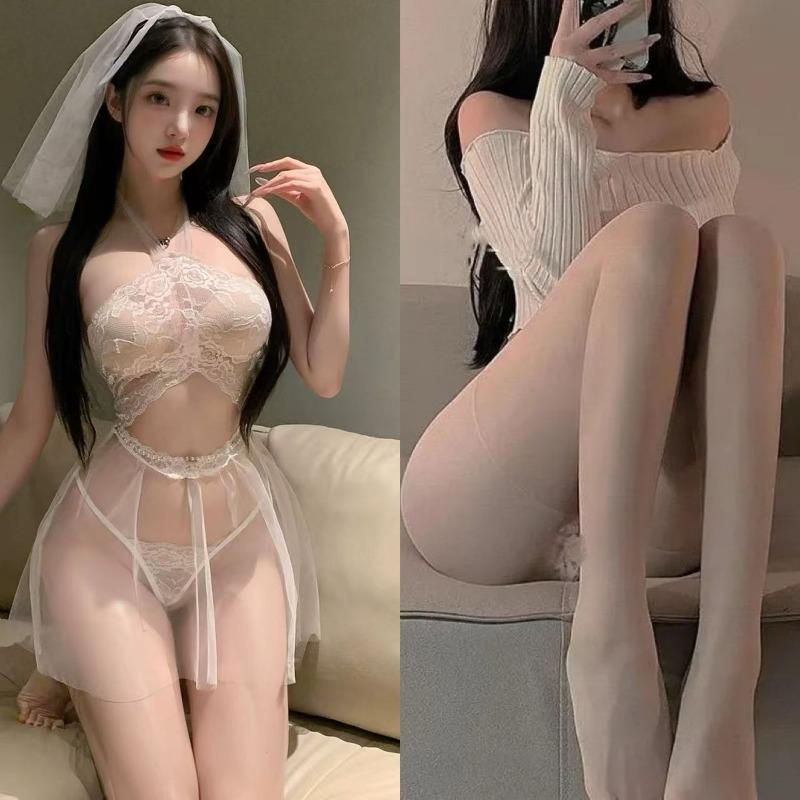 Large Size Sexy Playful Cute COS Bridal Uniform Set Perspective Suspender Breast One-piece Underwear