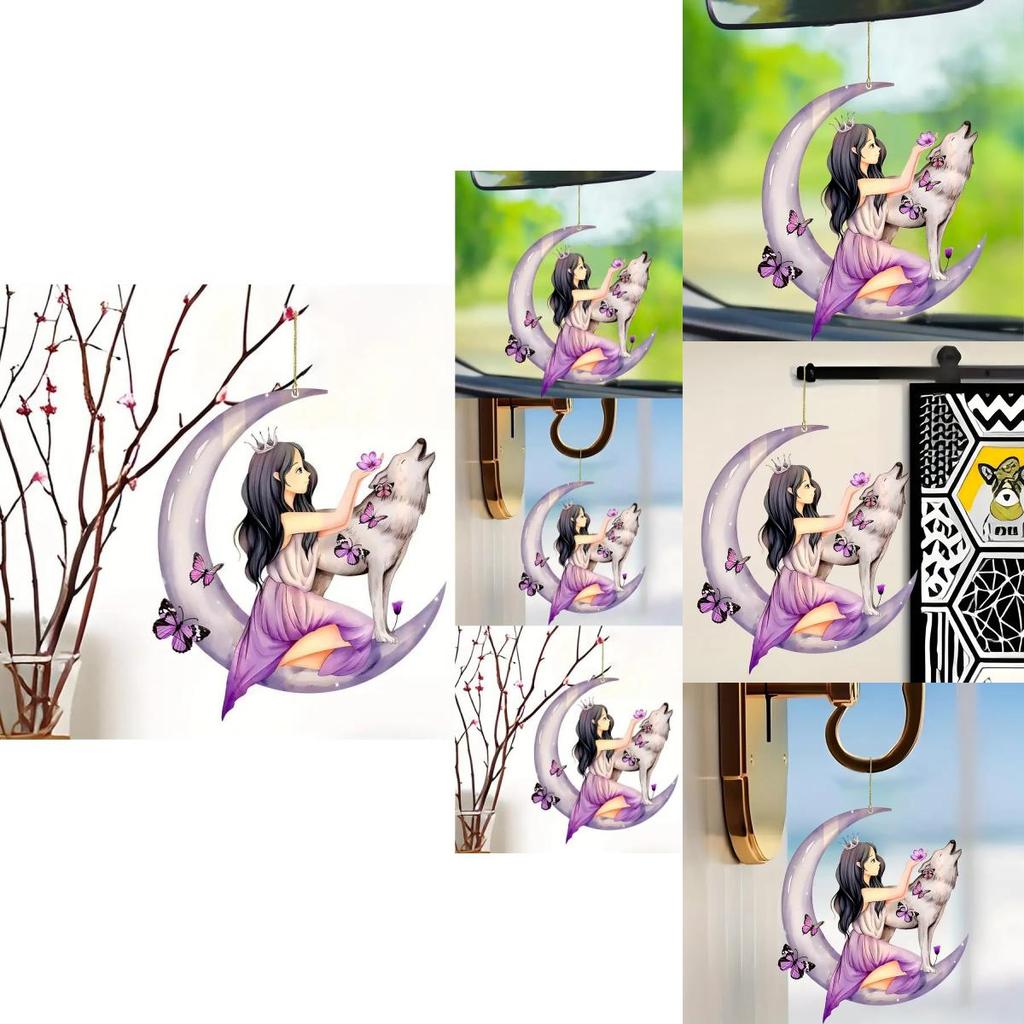 Colorful Acrylic Cartoon Floral Moon Girl Wolf Butterfly Car Pendant For Unique Auto Style