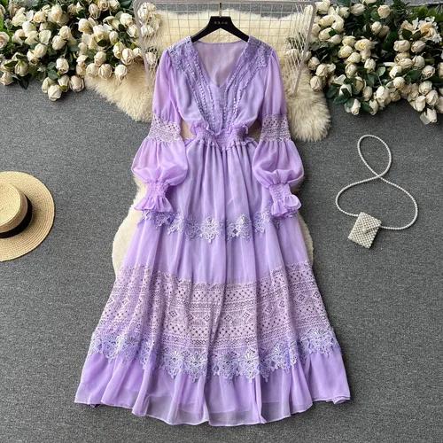

Платья женские весенние летние однотонные кружевные лоскутные вечерние платья с v-образным вырезом и рукавами-фонариками винтажное элегантное женское платье One Size фиолетовый