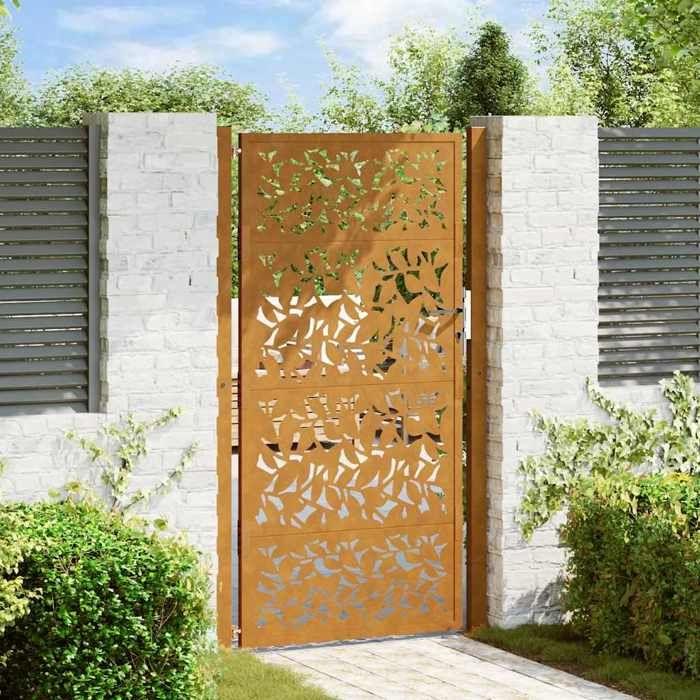 VidaXL Porte de jardin acier résistant aux intempéries design feuilles, porte de clôture, porte extérieure, porte en métal, 4100967