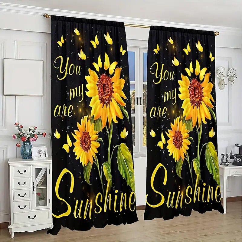 Set Of 2 Golden Butterfly Sunflowered Pattern Printed Curtains Window Decorations Home Room Curtain Polyester
