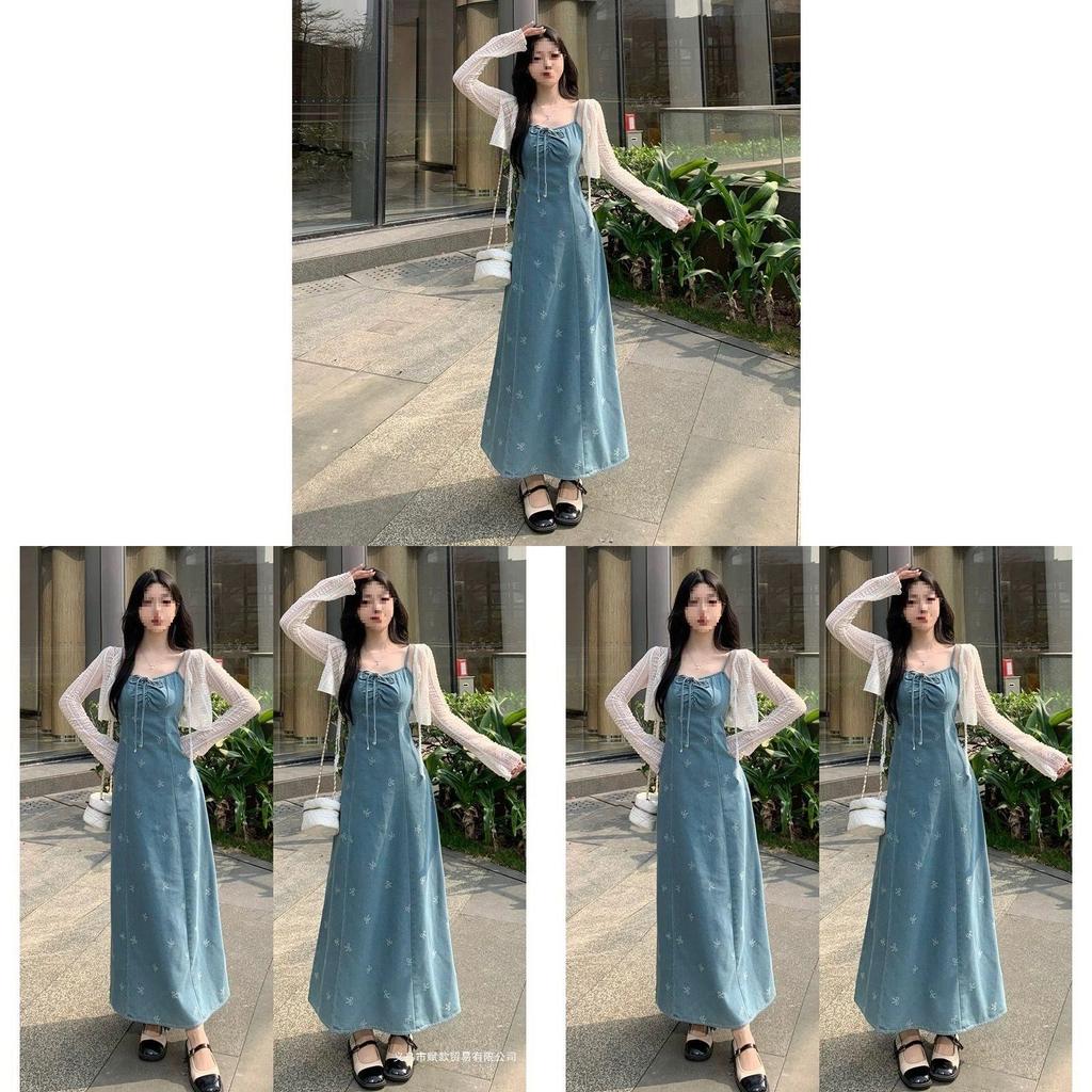 Denim Dress For Women With French Bow Tie Detail Long Sleeveless Summer Casual