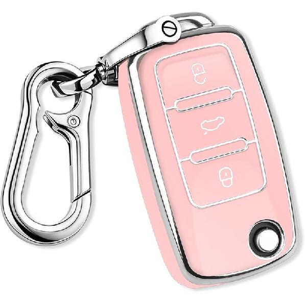 QBUC for VW Key Fob Cover with Keychain Silver Trim Soft TPU Compatible with Volkswagen Jetta Beetle Santana Scirocco Eos Tiguan Touran Polo MK5