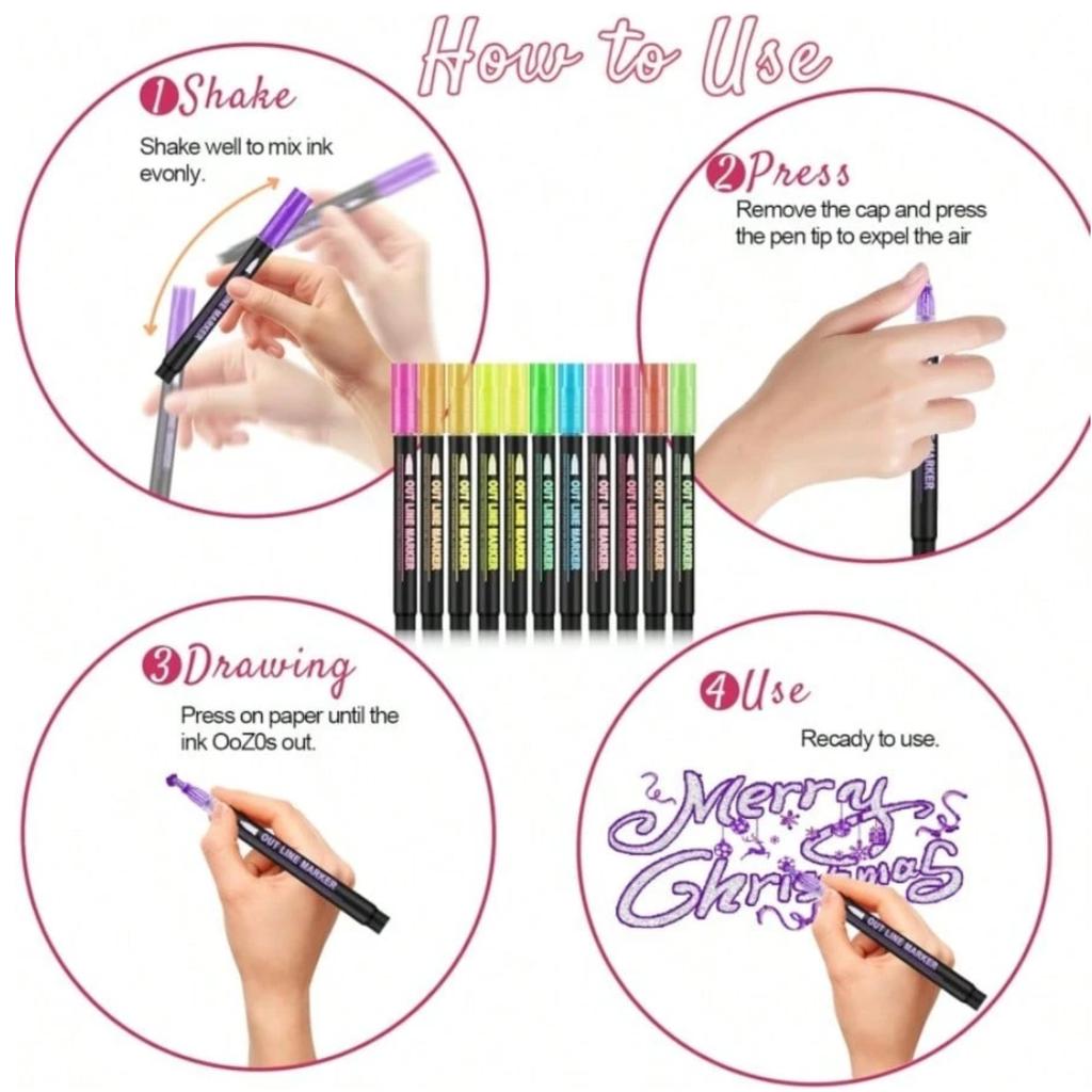 Double Line Outline Permanent Marker, 12/24Colors Wave Glitter Marker Set, Self-Contour Metallic Marker Pens for Art
