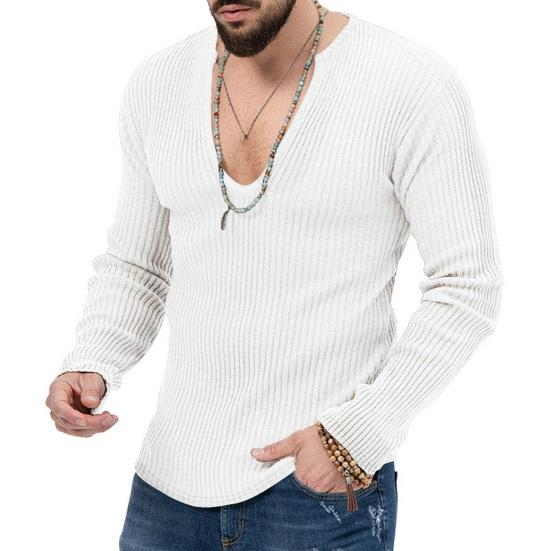 Men Fall Winter Sweater V Neck Slim Fit Long Sleeve Elastic Knitted