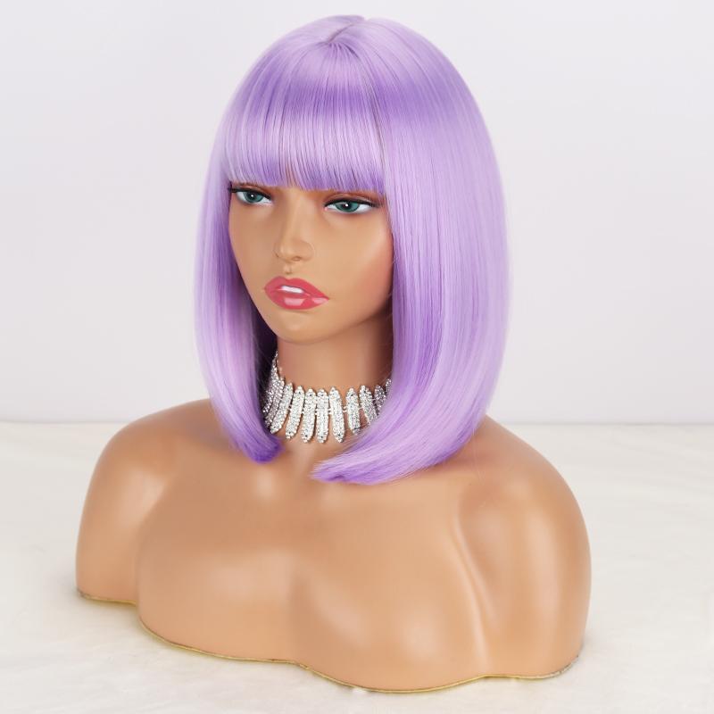 LISI HAIR Damenmode, kurze, reinweiße Bob-Perücke mit glattem Pony, Kunstfaser, schulterlang, glatt, Bob, weiß-silberne Perücke