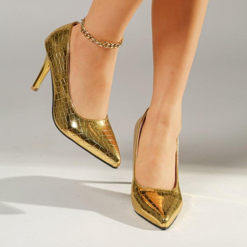 Moda de luxo leve padrão de pedra dourada mola e verão sapatos de sola única boca rasa bico fino salto fino sexy saltos altos
