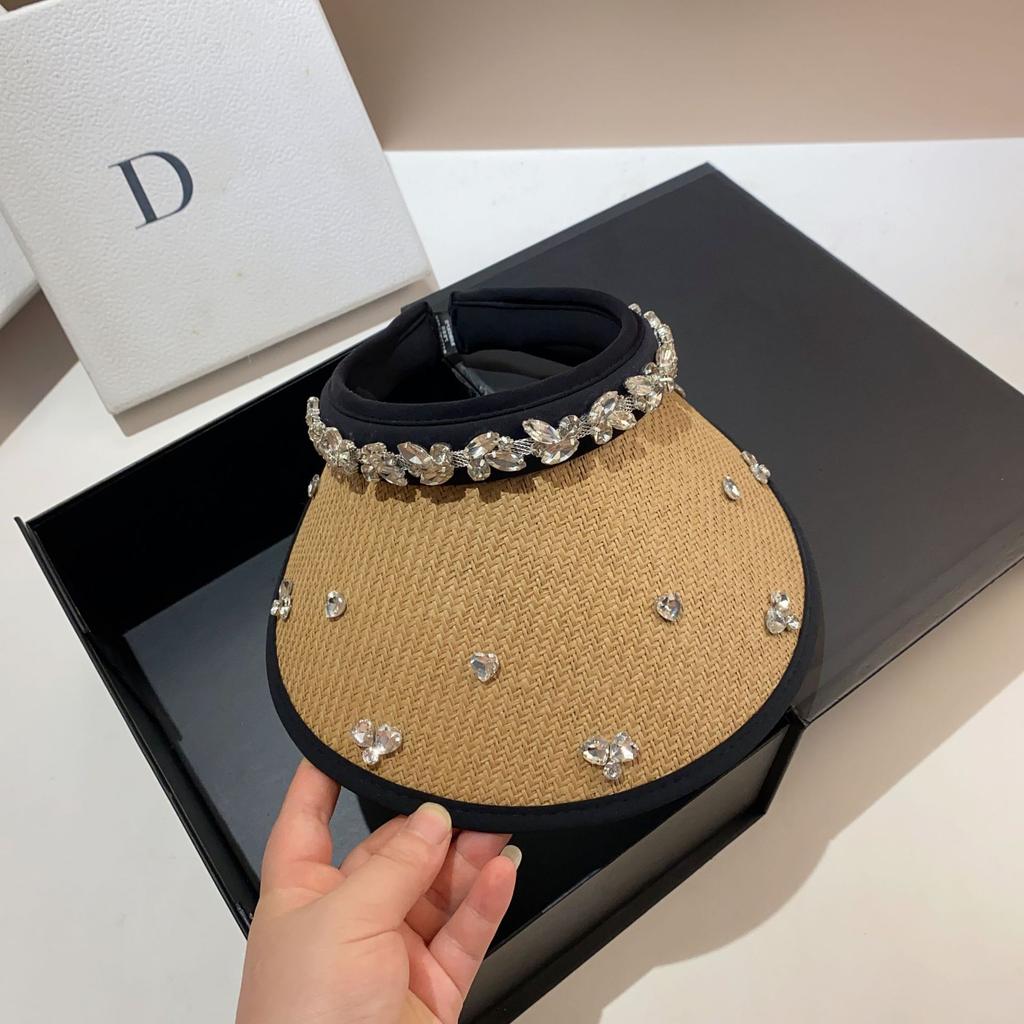 Summer New Empty Top Hat Women's, French Celebrity Rhinestone Sun Hat Outdoor Vinyl UV Protection Sun Hat