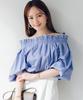 Yours Ruffle Voluminous Blouse BFXU1801 Medium Blue Off-the-Shoulder Women's