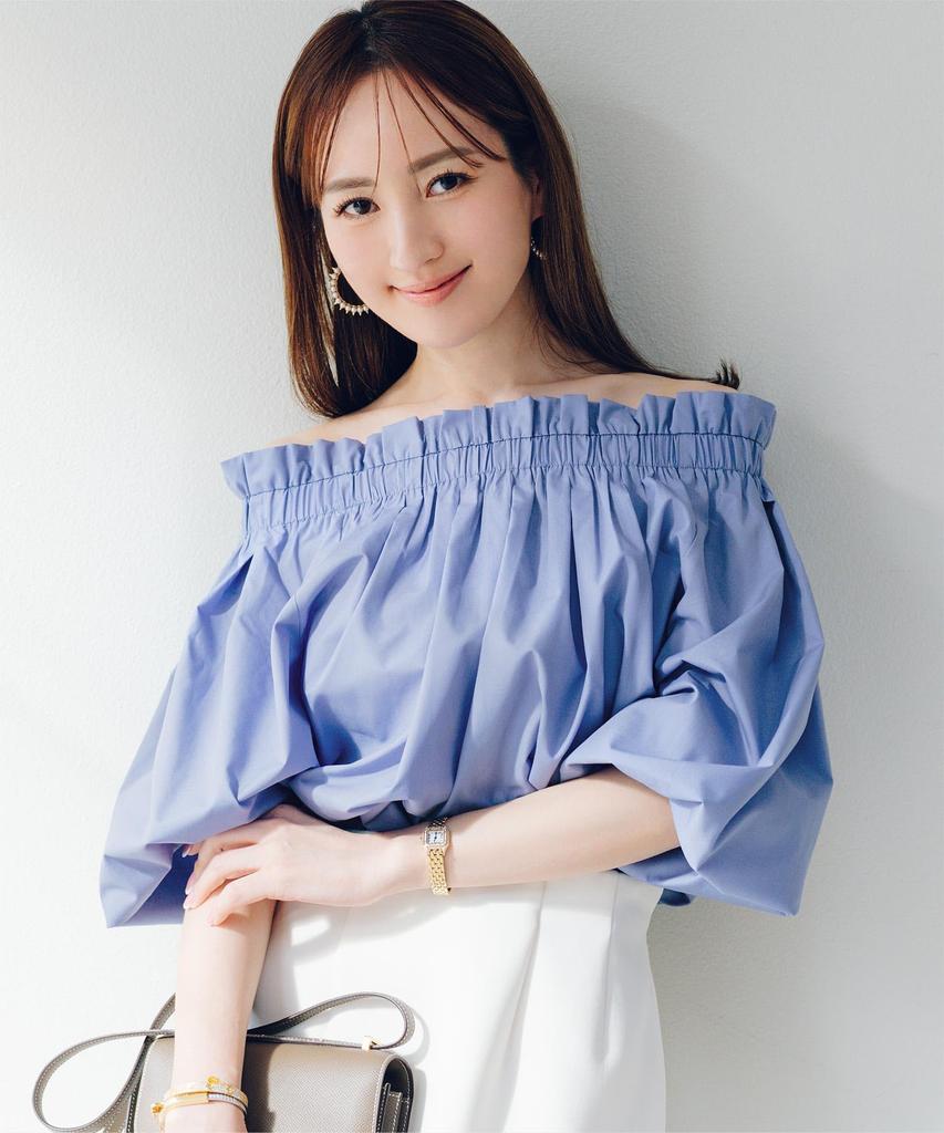 Yours Ruffle Voluminous Blouse BFXU1801 Medium Blue Off-the-Shoulder Women's