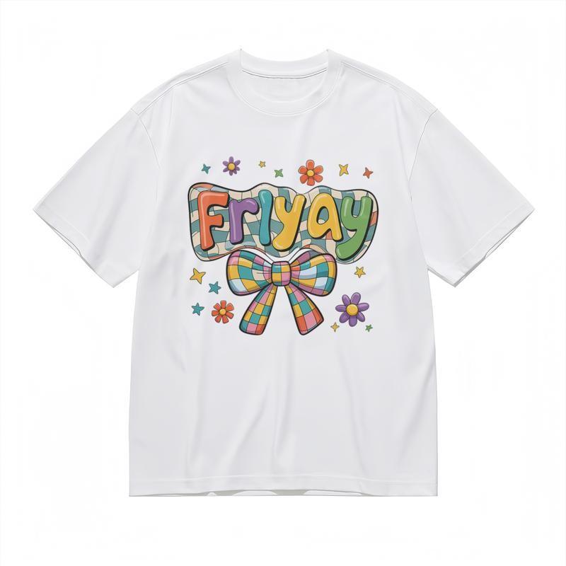 

Women s Fashion Soft Classic T-Shirt 3D Font Fryay with Bow Floral Decor Tee 4XL