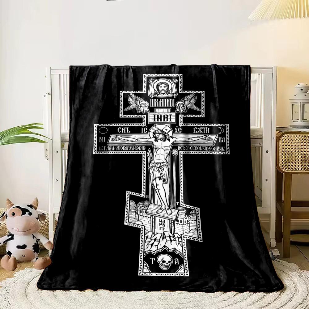 Orthodox Cross with Jesus IllustrationFlannel Blanket for Bedroom, Living Room, Sofa, and Nap