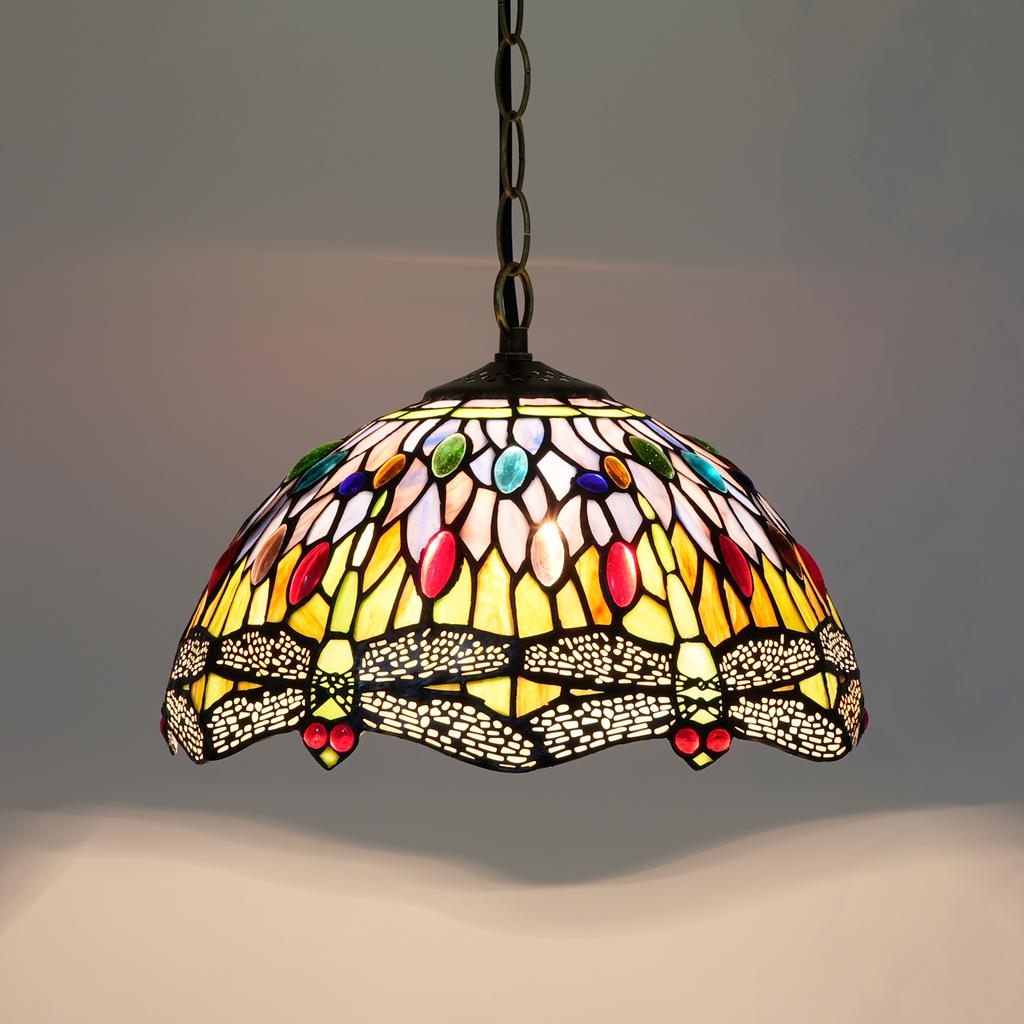 Artisan Handcrafted Color Glass Pendant Light with Peacock Dragonfly Leaf Pattern - Unique Handmade Lighting Fixture