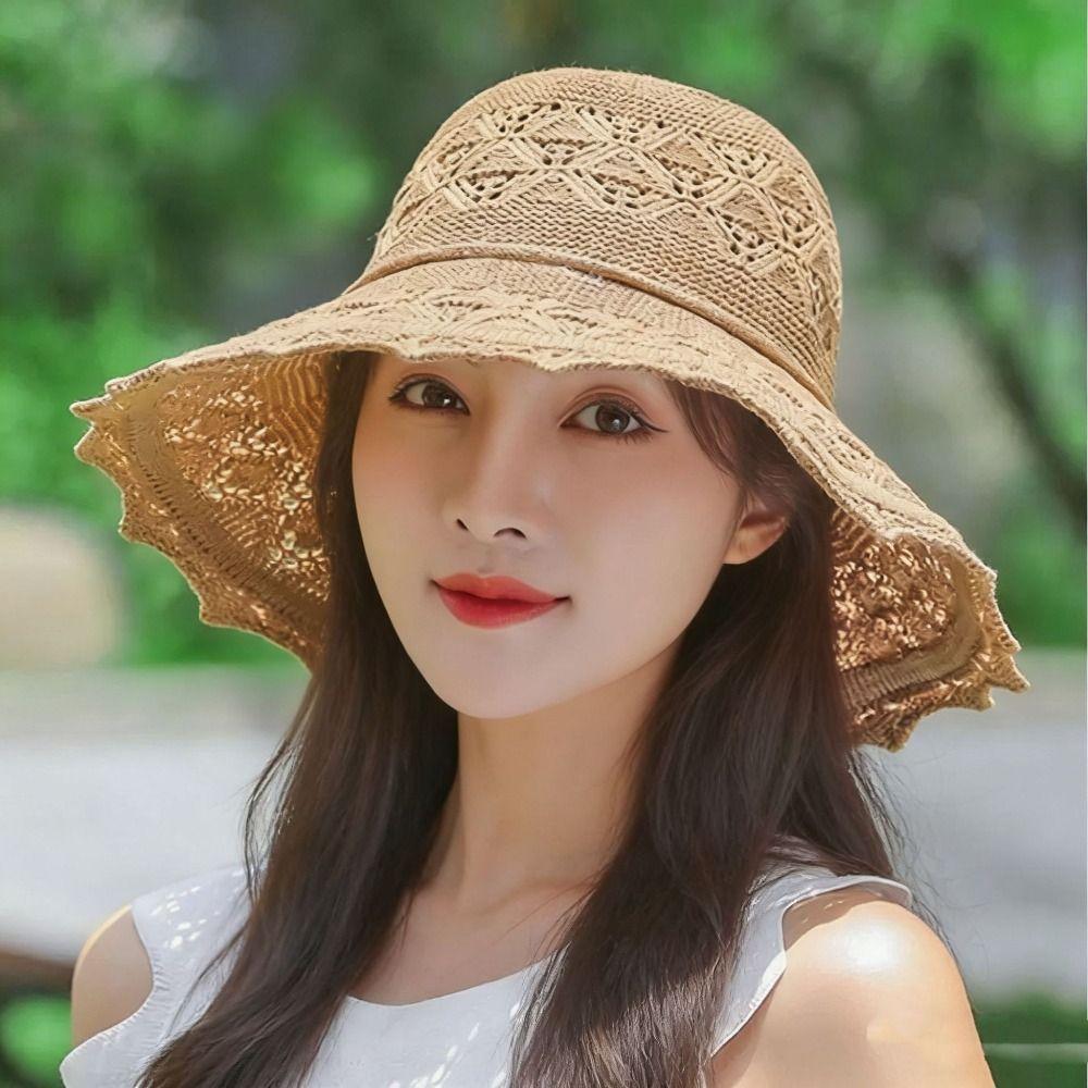 Fashion Crochet Summer Sun Hat Foldable Weave Women Fisherman Hat Wide Brim Solid Color Bucket Hat Ladies