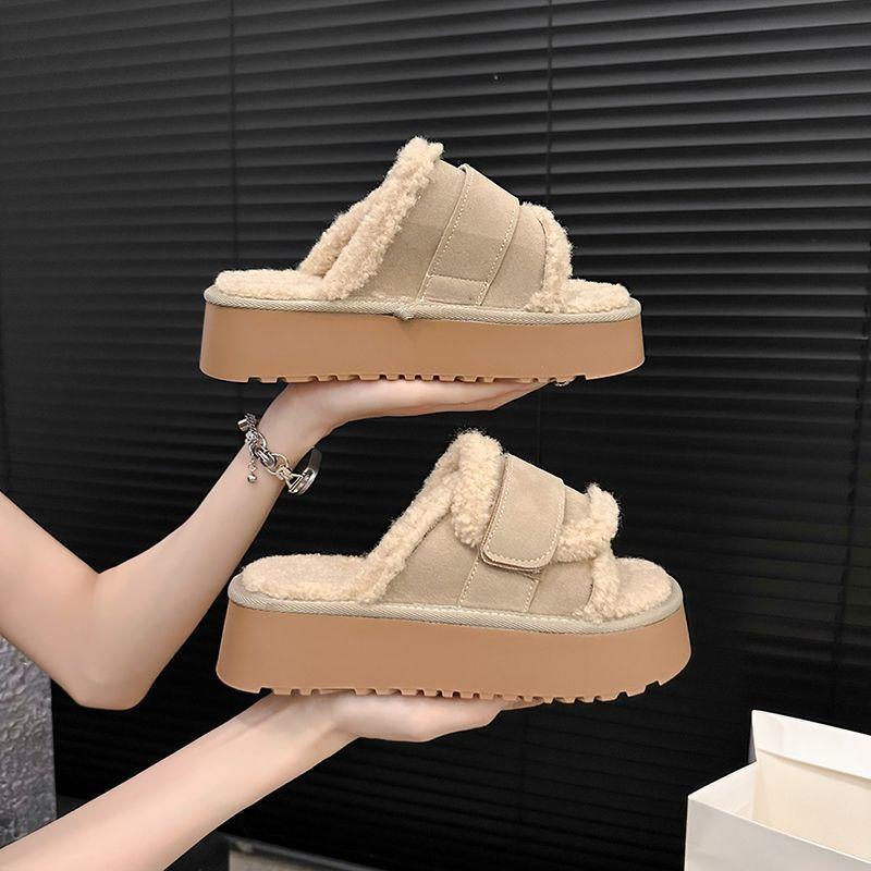 Thick-soled heightening and velvet warm Boken shoes 2025 autumn and winter new casual fashion fairy fluffy slippers outer wear