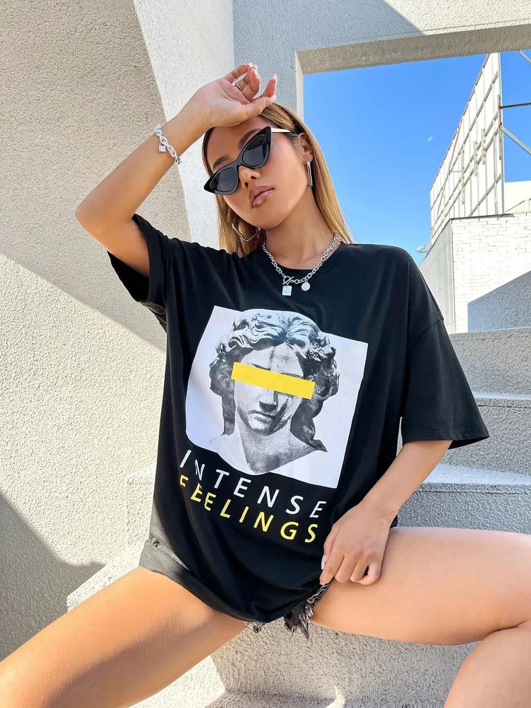 Intense Feelings Drop Shoulder Tee T-Shirts Women Loose High Quality Streetwear Hip Hop Top Y2k Oversize Tops Women T Shirts