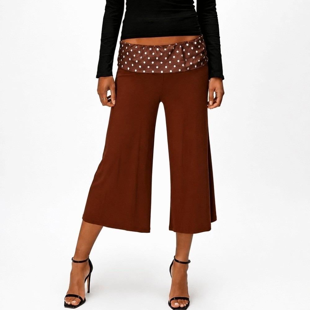 Polka Dot Wide Leg Pants Stripe Foldover Waist Pants Casual Low Waist Capri Pants Girls M-Coffee Polka Dot