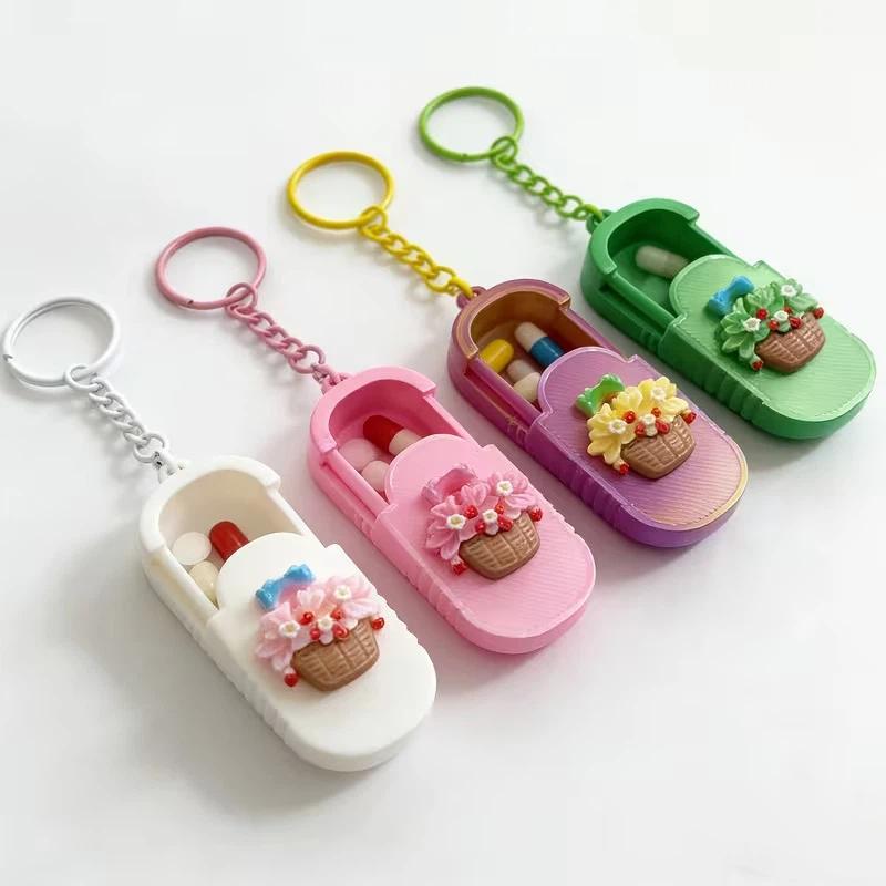 Waterproof Keychain Pill Organizer Tulip Pattern Portable Compact Pill Case Small for Outdoor Activities Daily Medication Carry