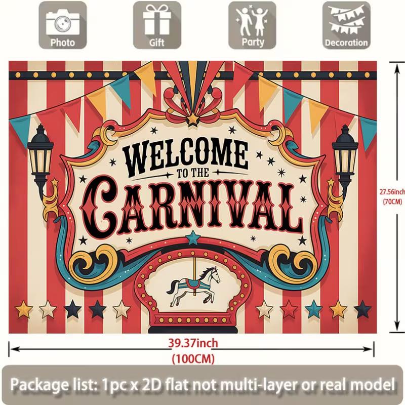 2D Welcome To the Carnival Backdrop, Vintage Red White Striped Circus Background for Party