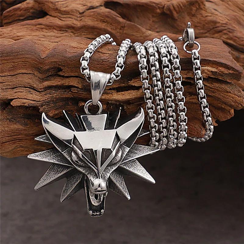 Vintage Punk Wolf Head Pendant Necklace for Men Slavic Viking Style Geralt of Rivia Hip Hop Jewelry