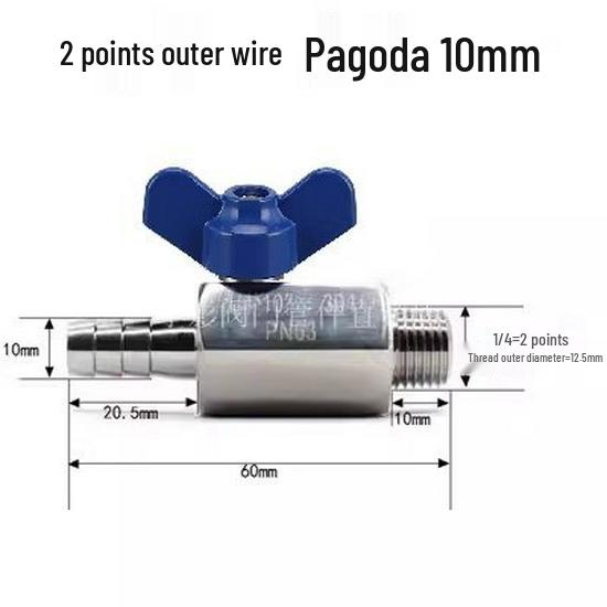 304 Stainless Steel Mini Ball Valve with Butterfly Handle, Internal/External Threads, High Pressure, 4-Way Pagoda Tube Connector.