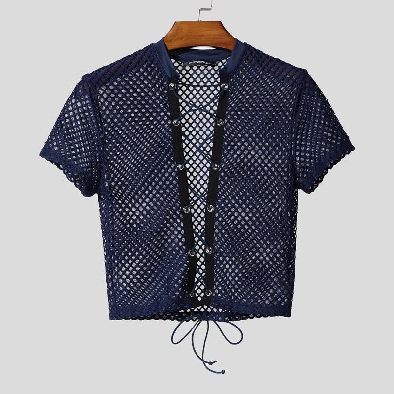 INCERUN Men Summer Short Sleeve Bandage Hollow Sheer Party Club Crop Tops T-shirts