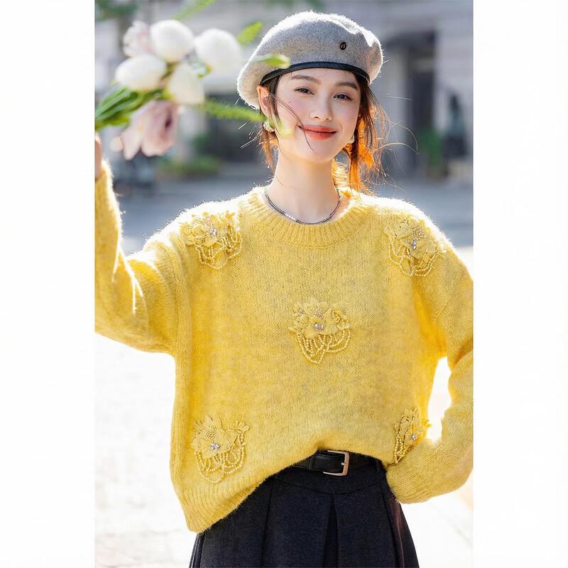 Mokana Women s Beaded 3D Flower Long Sleeve Knitted Top One Size