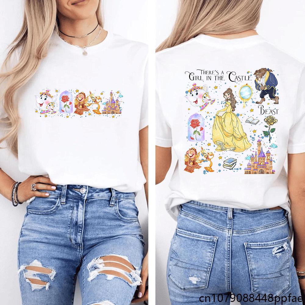 2025 Disney Cute Beauty and The Beast T-Shirt Summer Cartoon Graphic Women Casual Round Neck 100% Pure Cotton Printed T-shirt