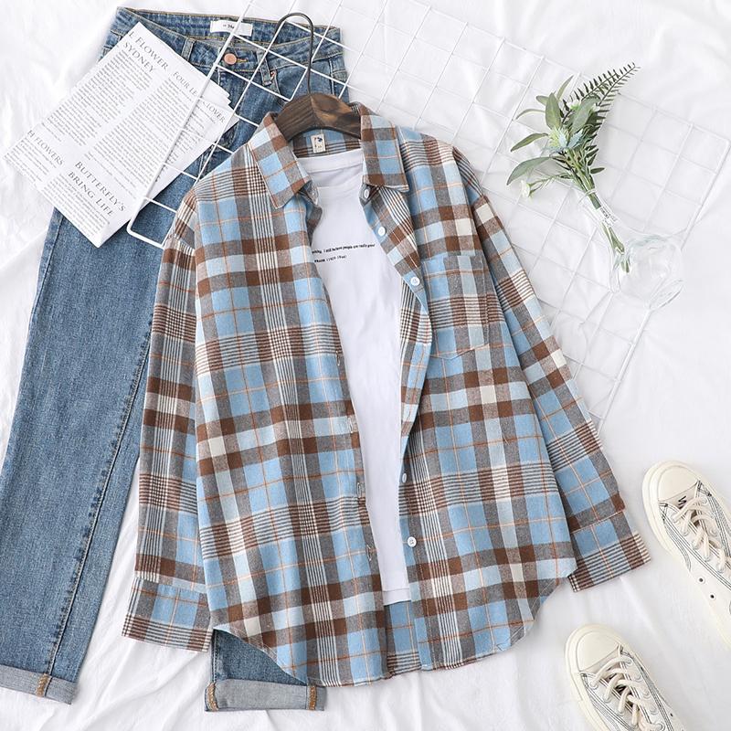 Camisa de Franela a Cuadros Fresca para Mujer 2025 Nuevas Blusas y Tops para Mujer Algodón Holgado Manga Larga Camisas Casuales Ropa Fina para Mujer