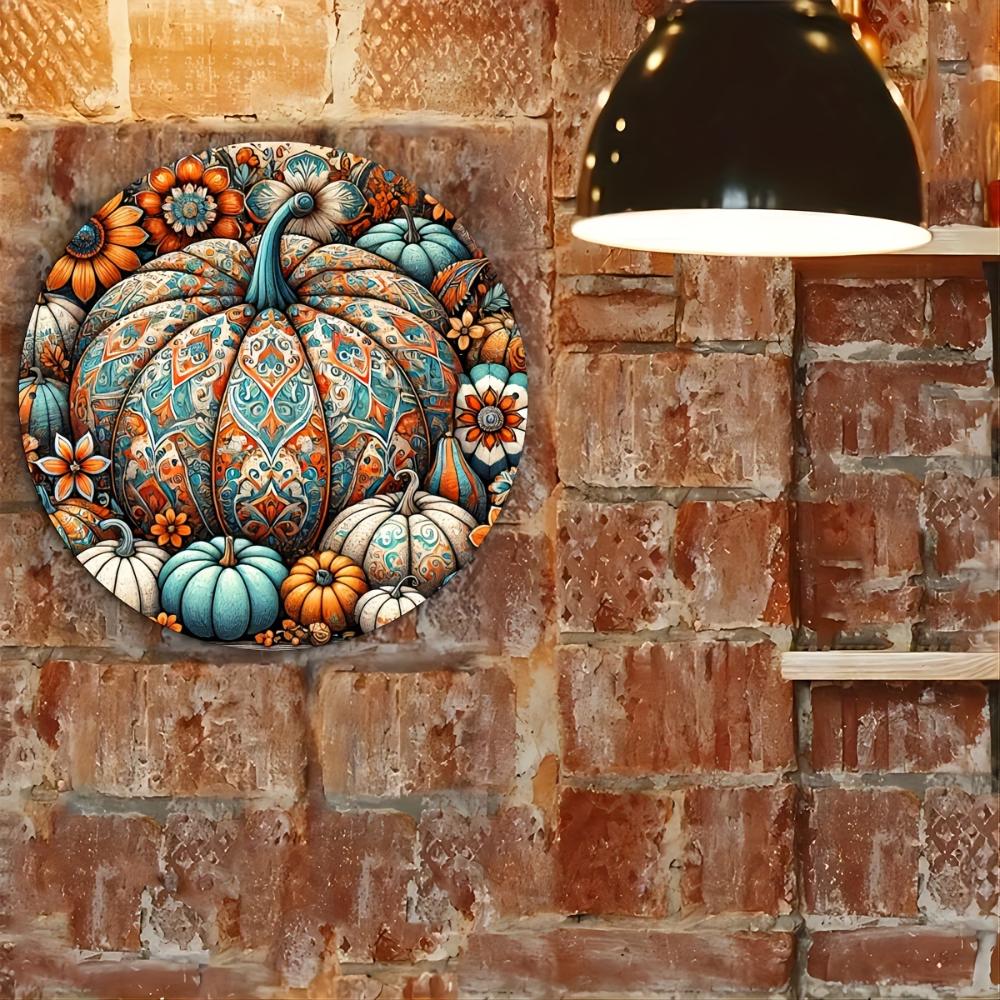 Pumpkin and Floral Design Wall Art - 8X8 Inch Round Iron Metal Sign - Perfect for Home, Farmhouse, Porch, Bedroom