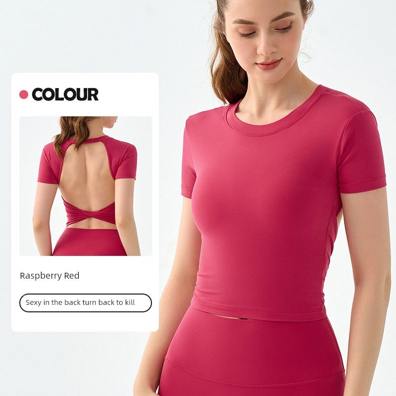 

Trade Yoga Clothes with Chest Pad Short Sleeve Sexy Beauty Back Fitness Clothes Quick-Drying Waist-Tight Slim Looking Sports T-shirt Tops Women Raspberry Red L