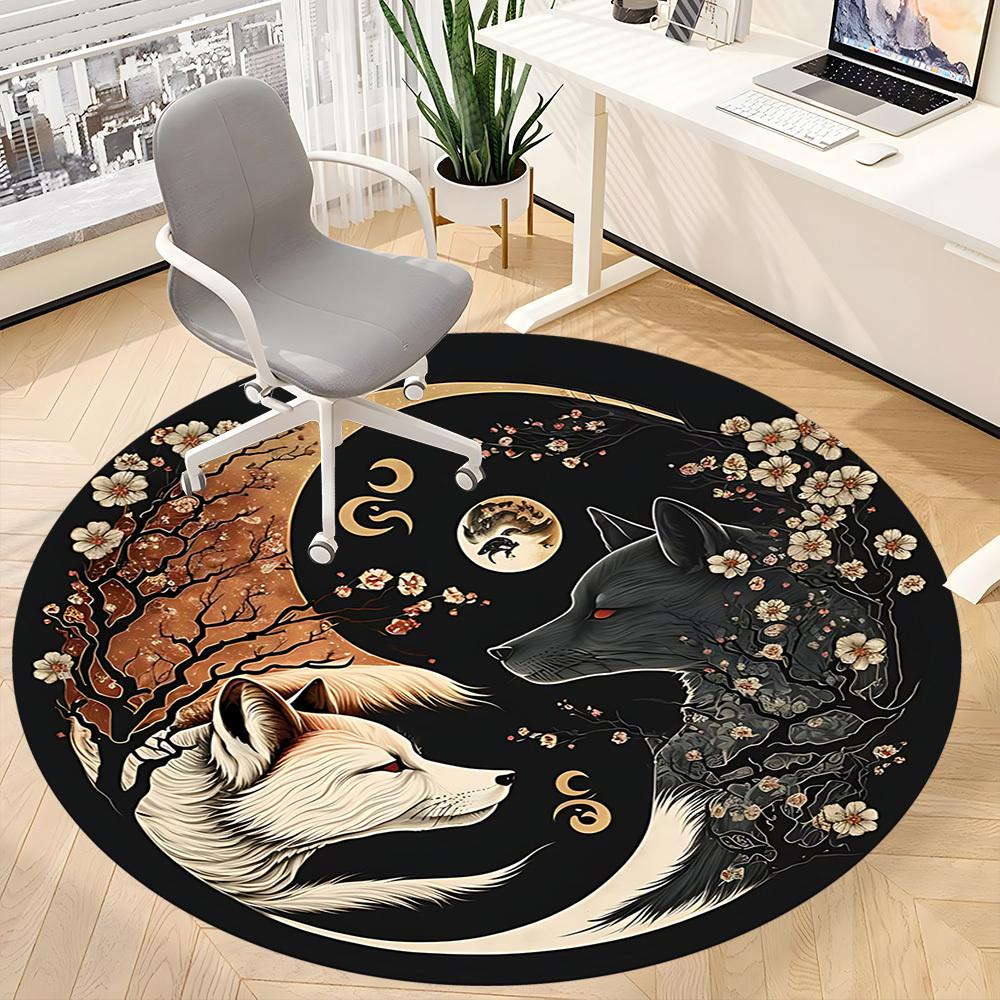 1pc Wolf Moon Office Round Area Rug, Indoor Mat Suitable For Office, Under Office Chairs Bedroom Living Room Home Decor, Room Deco