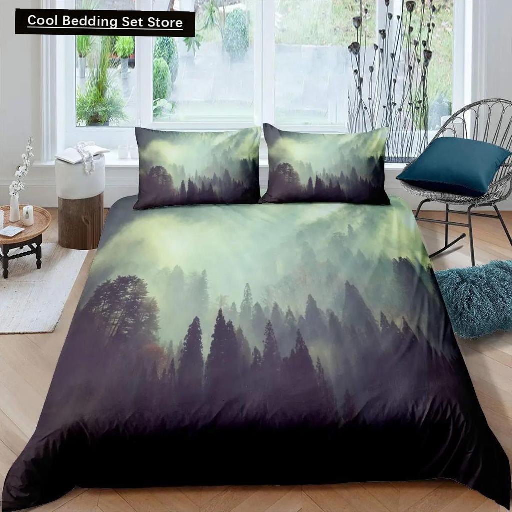 Dumanlı Dağ Nevresim Takımı Çam Ağaçları Yorgan Kılıfı Erkek Çocuk Manzara Yorgan Kılıfı Doğal Manzara Sanat Polyester Yatak Takımı