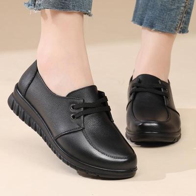 Chaussures à enfiler en cuir de vache pleine fleur pour femmes d'âge moyen, ballerines antidérapantes en cuir souple
