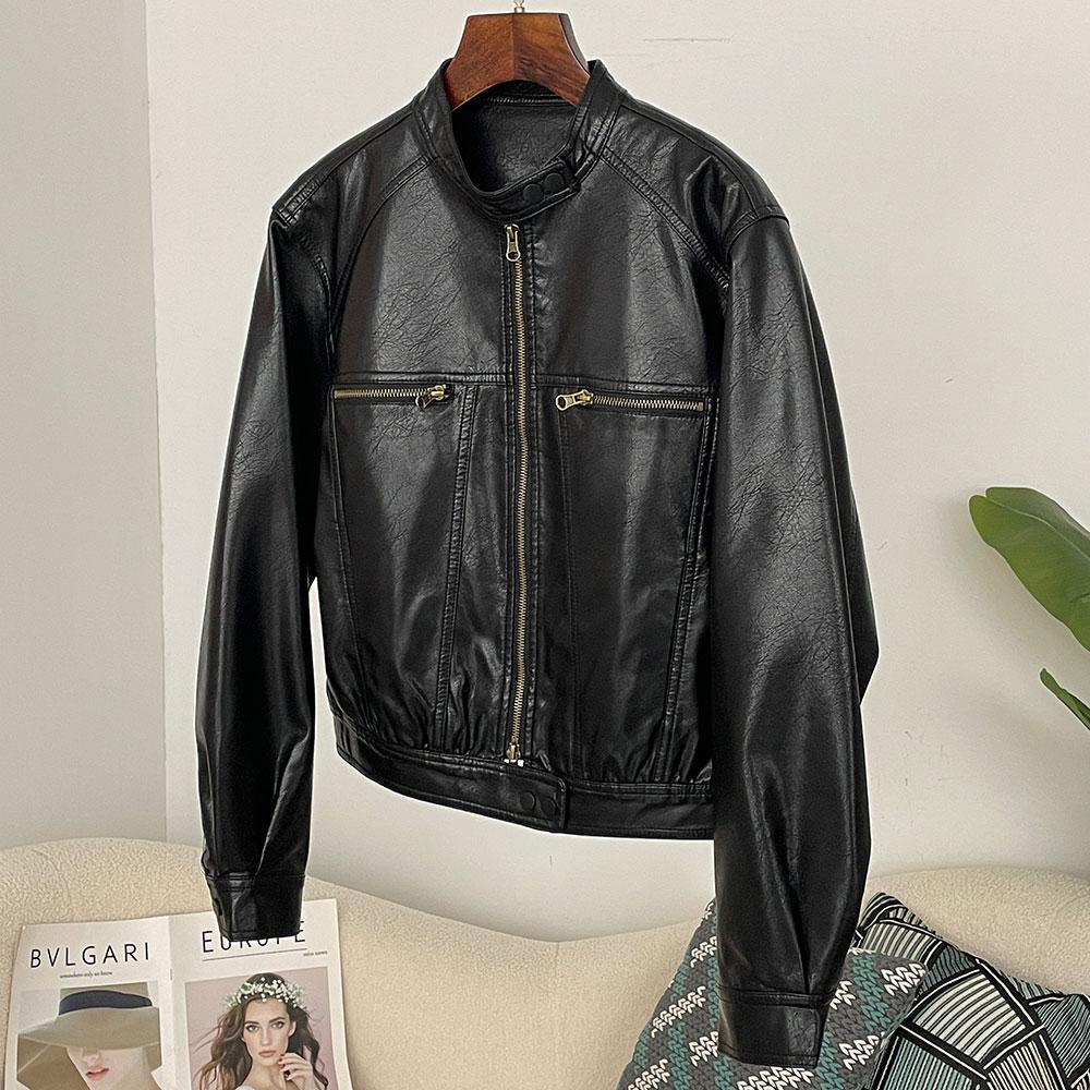 OFTBUY Women Vintage Loose Pu Faux Leather Short Jacket Pockets Motorcycle Jacket Female Zipper Retro Moto Biker Coat Outwear Tops