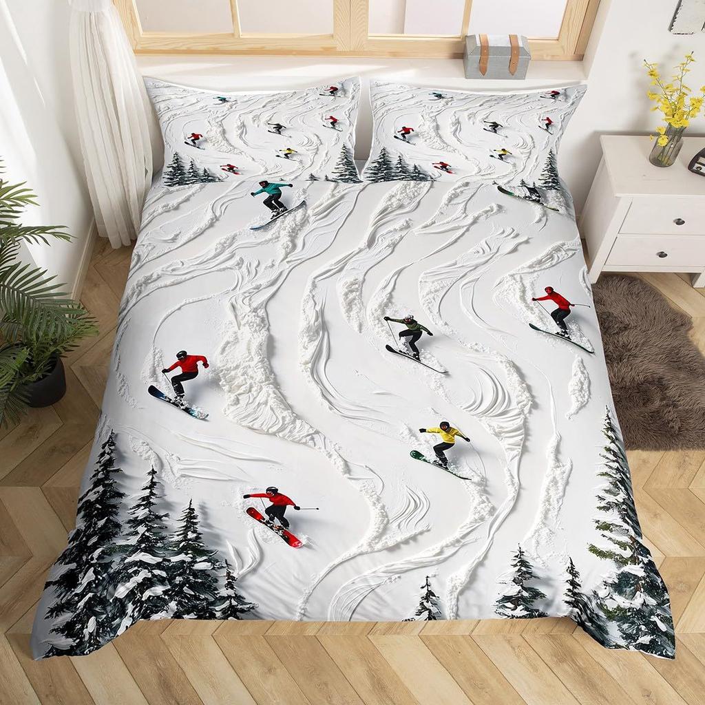 Ski Theme Duvet Cover Green Pine Cable Car Bedding Set Country Style Three-Piece Set