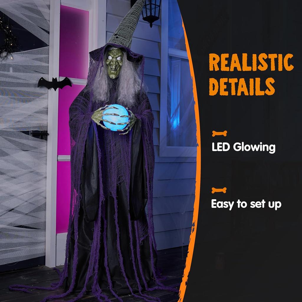 JOYFY 72" Halloween Witch with Crystal Animated Standing Ghost with Motion and Light for Indoor Haunted House Party Yard