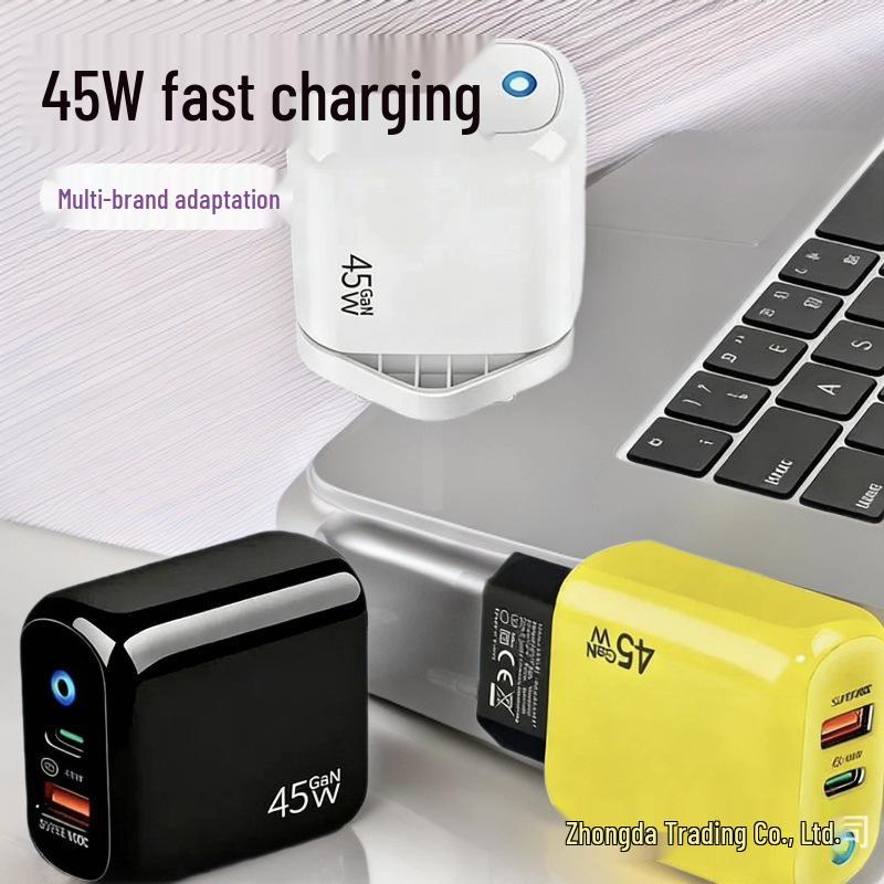 Dual-Port PD45W GaN Fast Charger with International Compatibility and LED Indicator