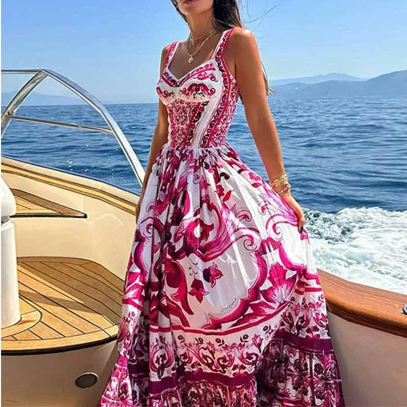 2026 Floral Print Sleeveless Smocked Waist A-Line Maxi Dress With Ruffle Hem Women
