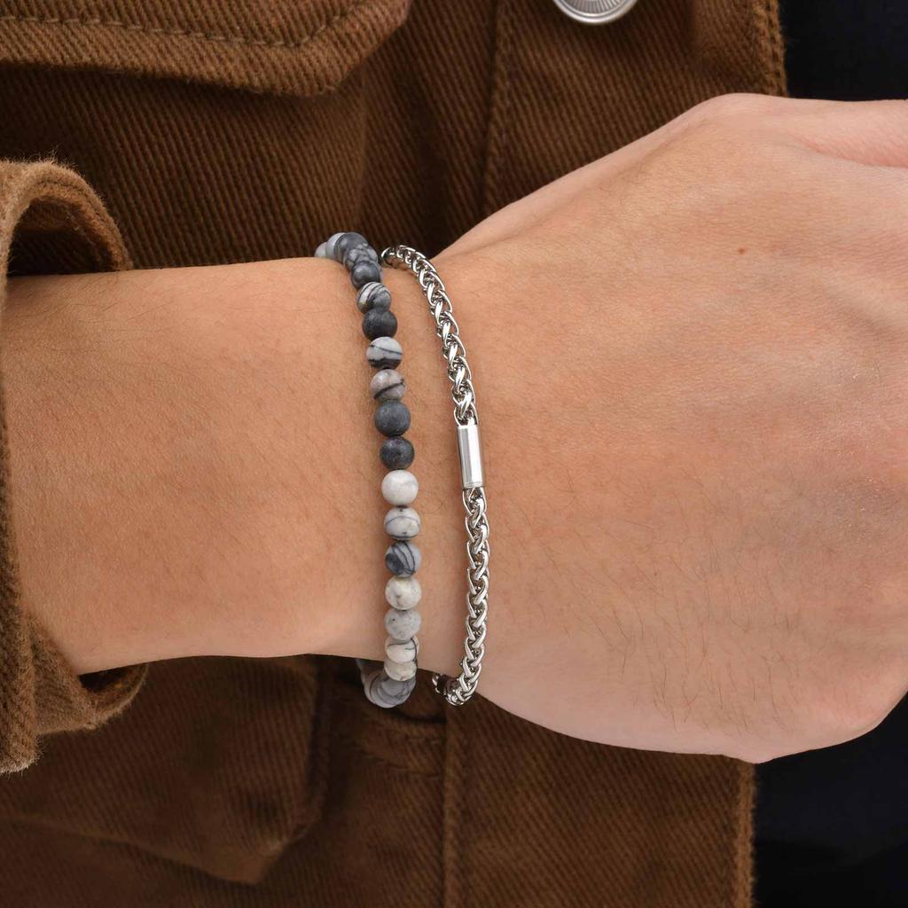 Vnox 2pcs/Set Adjustable Natural Stone Beads Bracelet for Men, Stainless Steel Chain Bracelets and Beads Bracelet Jewelry Set