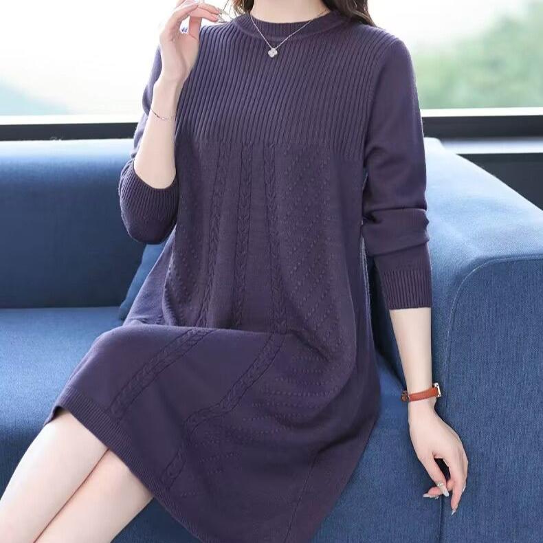 Korean-style Loose Mid-length Pullover for Women Spring Autumn and Winter Knitted Dress Solid Color Casual Sweater