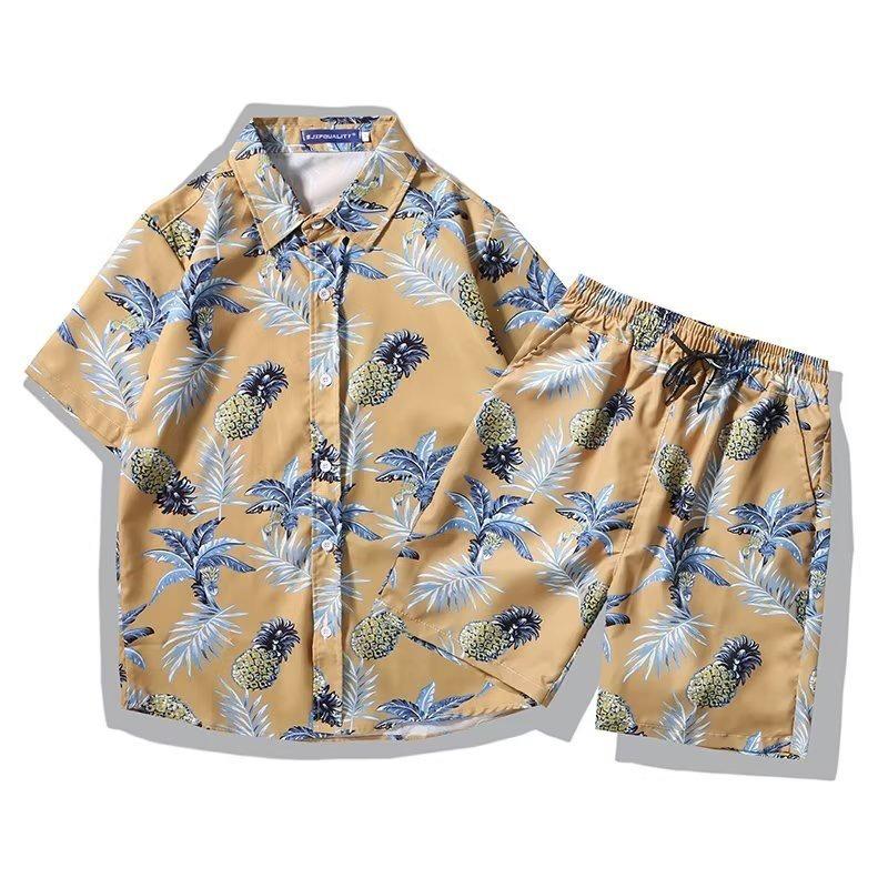 Men's Retro Floral Short-Sleeve Shirt & Beach Shorts Set for Seaside Vacations