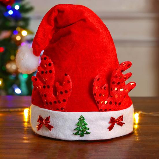 Christmas Hat Children Red Velvet Santa Hat with Cartoon Antler Pattern Decoration Festive Holiday Party Supplies