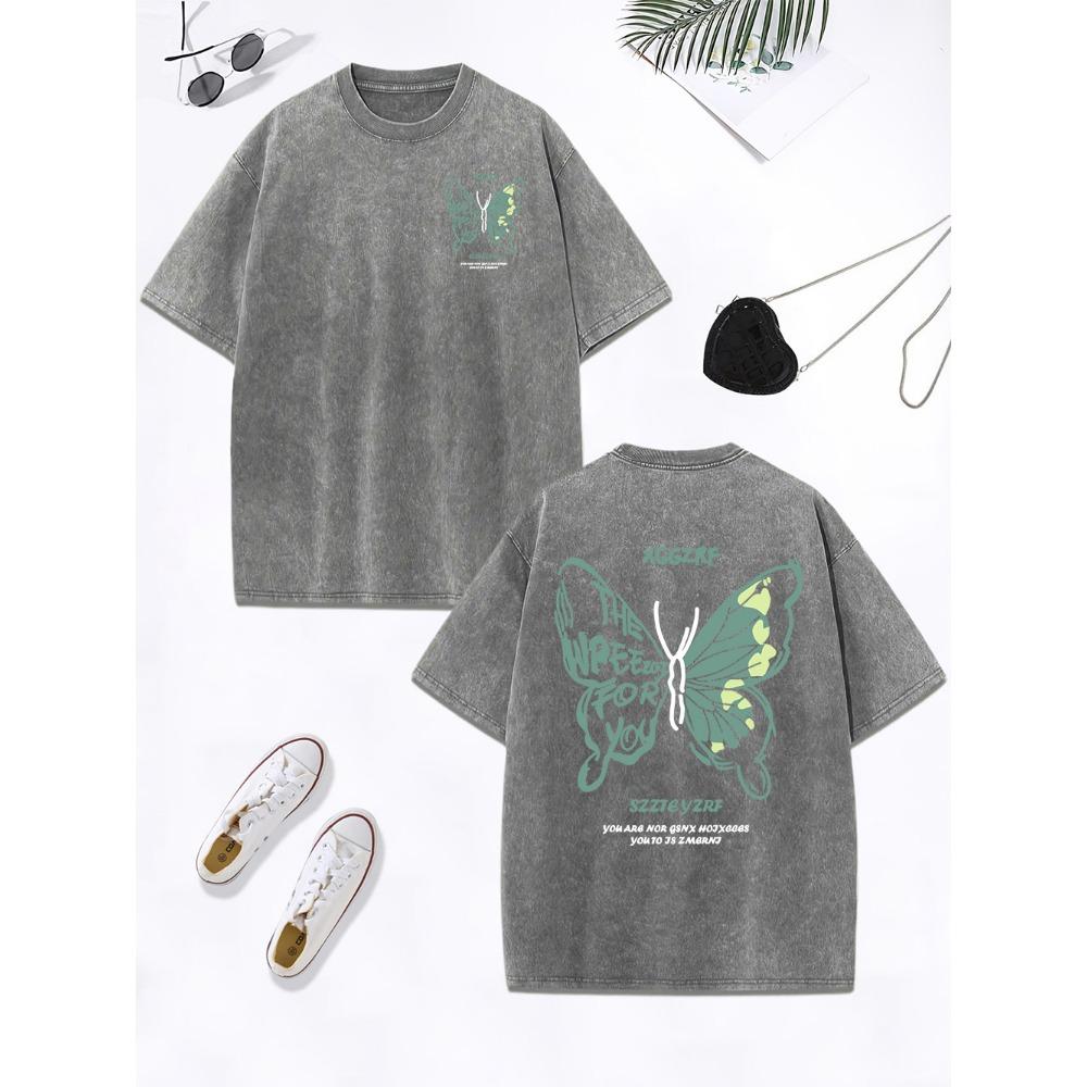 Personality Hollow Out Butterfly Prints Washed T-Shirts Women Cotton Oversized Tops Distressed T Shirt Summer Clothes