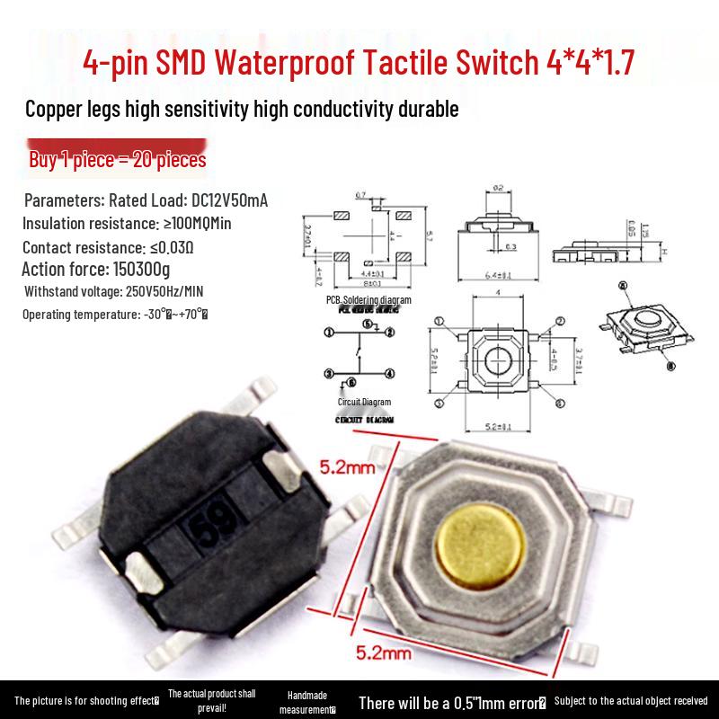 Waterproof Micro Tactile Switch, 4-Pin, 6x6mm, SMD/Through-Hole, Side Press, Self-Locking