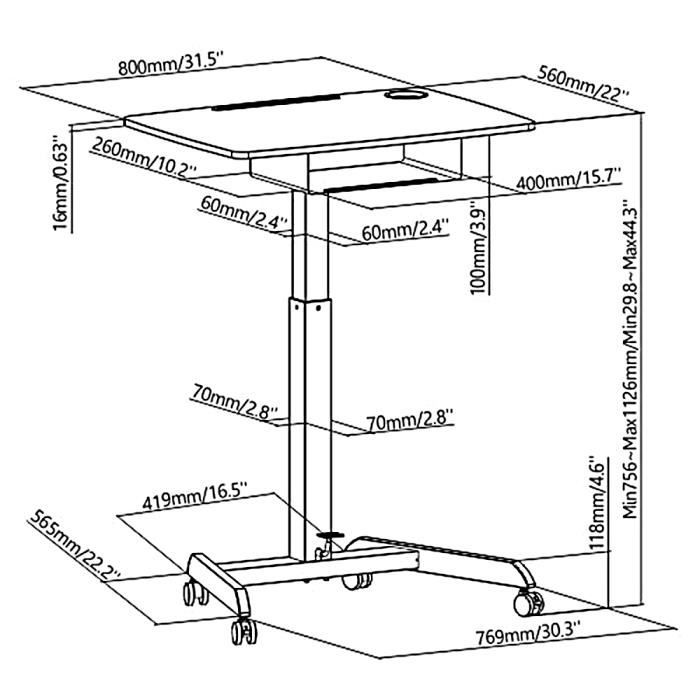 Bureau - MACLEAN - Table d'ordinateur portable - Réglable en hauteur - 1 tiroir - Noir